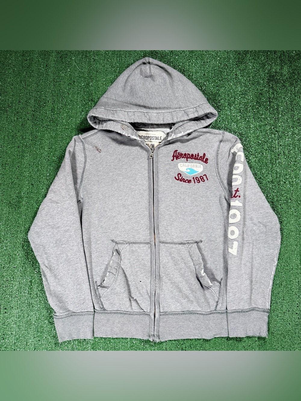 Y2K Aeropostale Surf Zip-Up Hoodie Size Medium Grey Sleeve Spellout